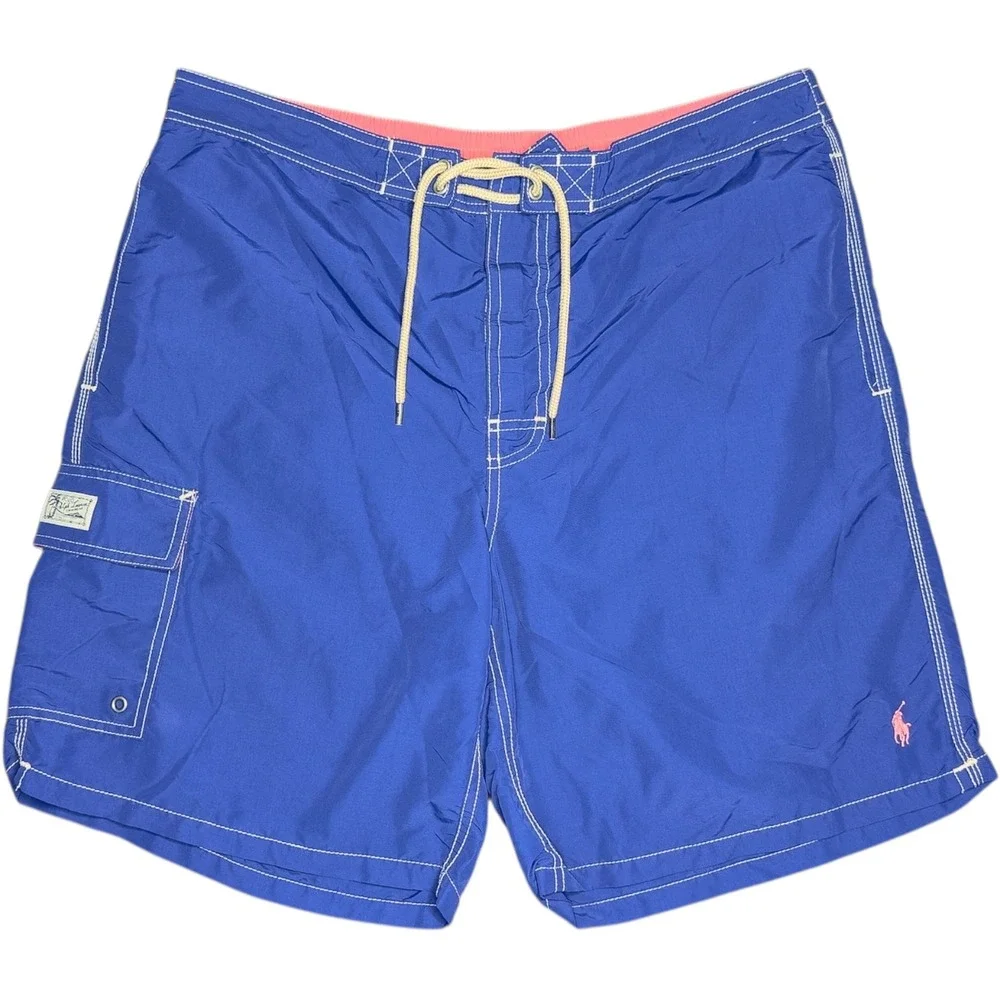 Polo Ralph Lauren‎ Men's XL Blue Cargo Swim Board Trunks Pink Pony 90s Y2K